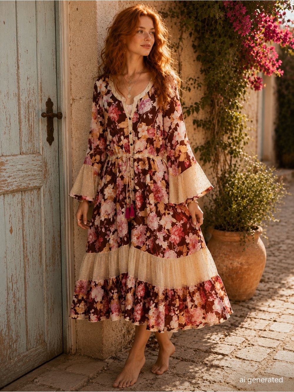 Aratta Boho Floral Tiered Maxi Dress in Burgundy and Cream